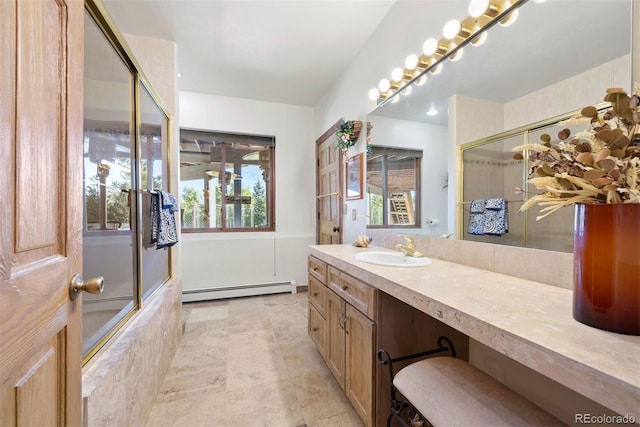 full bathroom with an enclosed shower, a baseboard radiator, vanity, and a bath