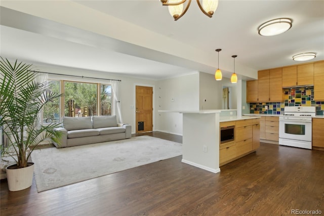 kitchen with white gas range, built in microwave, decorative backsplash, light countertops, and dark wood-style flooring