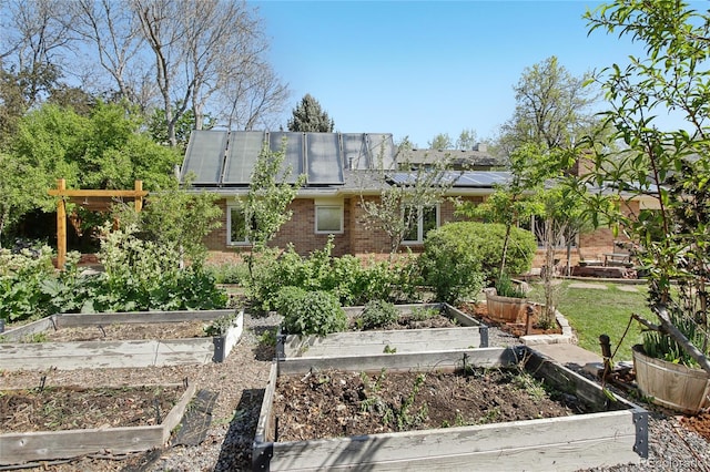 back of property with brick siding, a garden, and roof mounted solar panels
