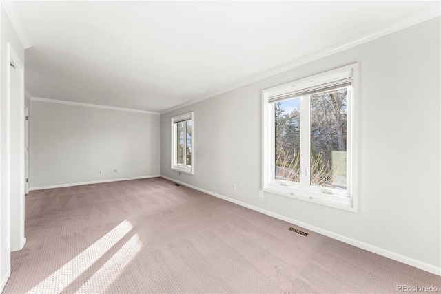 spare room featuring light colored carpet, ornamental molding, and plenty of natural light