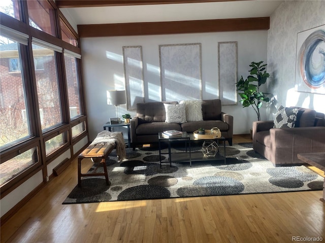 living room featuring beamed ceiling, hardwood / wood-style floors, and plenty of natural light