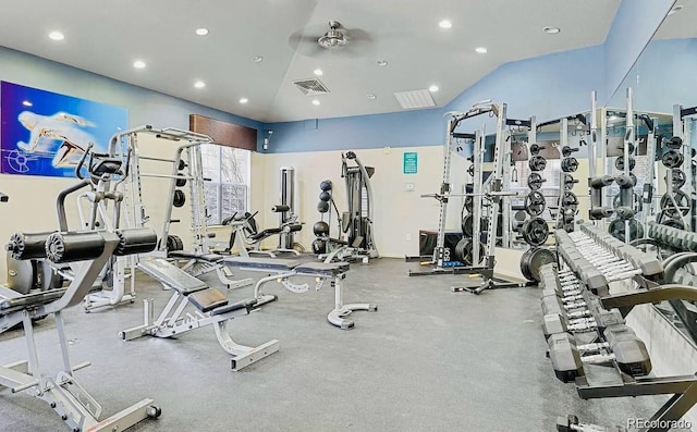 workout area featuring recessed lighting and lofted ceiling