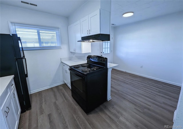 921 Mt Massive Dr Unit 25, Leadville, CO 80461 - kitchen featuring black appliances, under cabinet range hood, dark wood-type flooring, white cabinetry, and light countertops