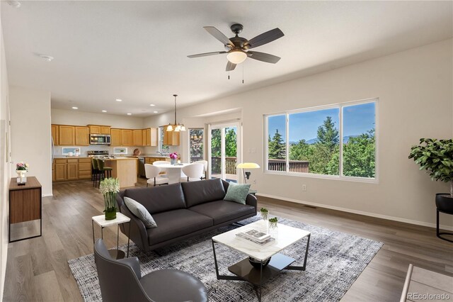 4839 Spotted Horse Dr, Colorado Springs, CO 80923 - living area with wood finished floors, recessed lighting, and a ceiling fan