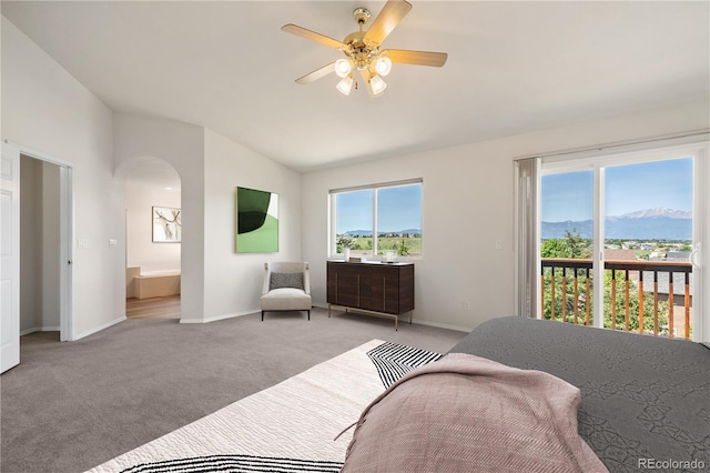 4839 Spotted Horse Dr, Colorado Springs, CO 80923 - bedroom with lofted ceiling, access to exterior, a mountain view, light carpet, and arched walkways