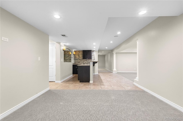 23870 E Dorado Pl, Aurora, CO 80016 - kitchen featuring light carpet, recessed lighting, open floor plan, and baseboards