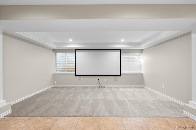 23870 E Dorado Pl, Aurora, CO 80016 - home theater room featuring light carpet, a tray ceiling, baseboards, and recessed lighting