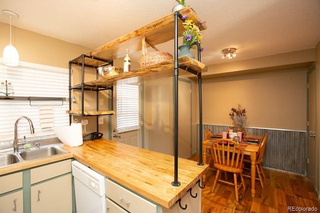 kitchen featuring butcher block countertops, wood finished floors, a sink, wainscoting, and dishwasher