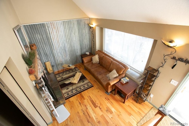 living room with lofted ceiling and wood finished floors