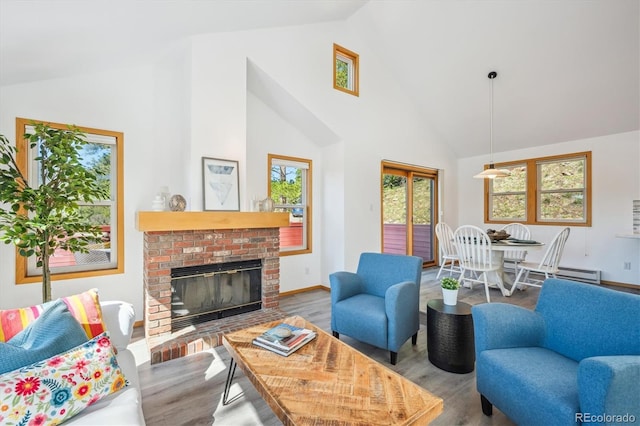 7350 Timber Trail Rd, Evergreen, CO 80439 - living area featuring high vaulted ceiling, wood finished floors, and a fireplace