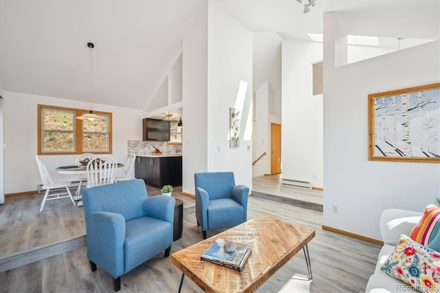 7350 Timber Trail Rd, Evergreen, CO 80439 - living room with a baseboard radiator, high vaulted ceiling, light wood-style floors, baseboards, and a skylight