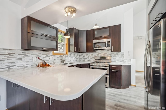 7350 Timber Trail Rd, Evergreen, CO 80439 - kitchen with appliances with stainless steel finishes, a sink, a peninsula, light wood finished floors, and dark brown cabinetry