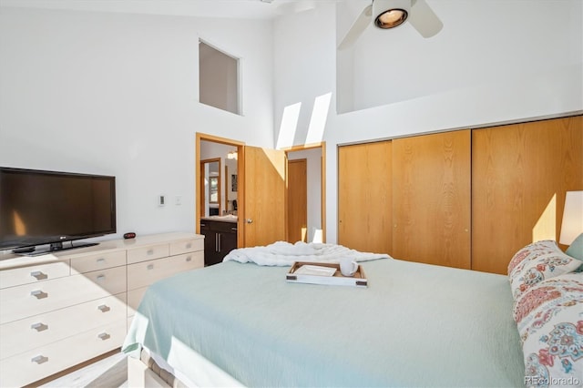 7350 Timber Trail Rd, Evergreen, CO 80439 - bedroom featuring high vaulted ceiling, a closet, and ceiling fan