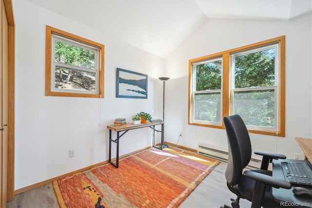 7350 Timber Trail Rd, Evergreen, CO 80439 - office featuring lofted ceiling and wood finished floors