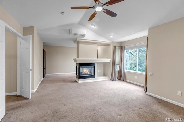 12047 W Coal Mine Dr, Littleton, CO 80127 - unfurnished living room featuring a ceiling fan, a multi sided fireplace, lofted ceiling, and carpet floors