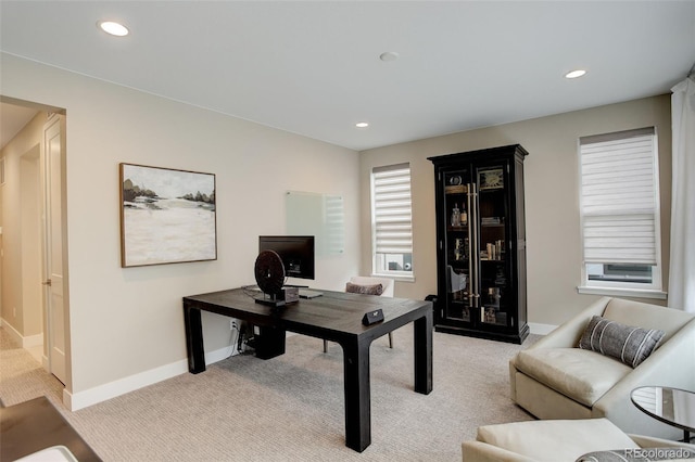 11142 Bright Sky St, Littleton, CO 80125 - home office with light colored carpet, baseboards, and recessed lighting