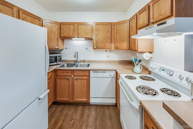 kitchen featuring dark wood-type flooring, white appliances, sink, and a textured ceiling