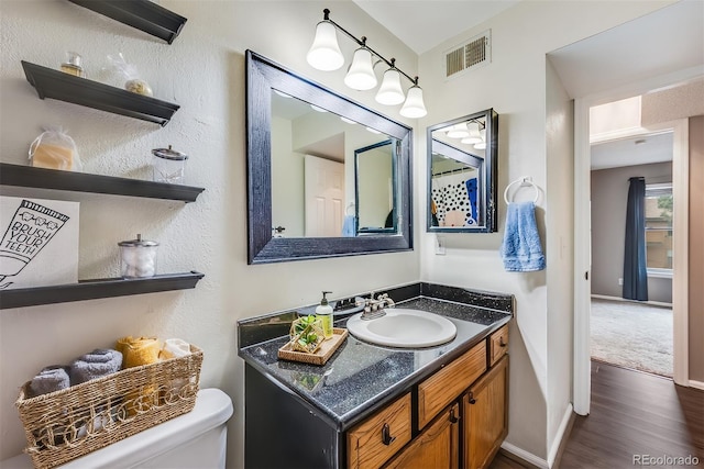 bathroom with vanity, wood-type flooring, and toilet