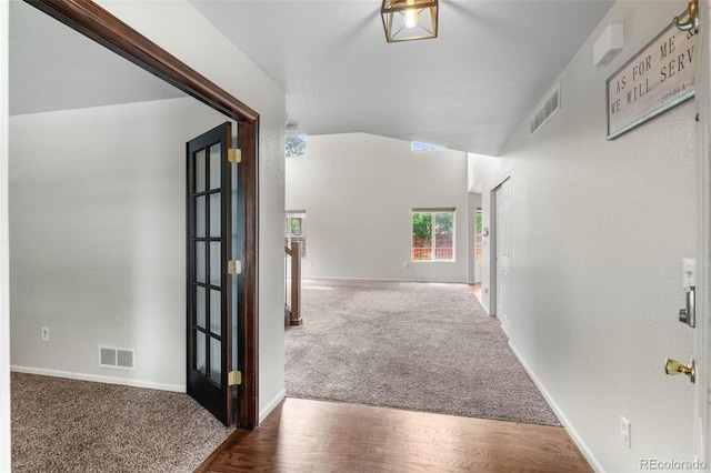 7171 Canyon Way, Frederick, CO 80504 - hall featuring carpet and vaulted ceiling