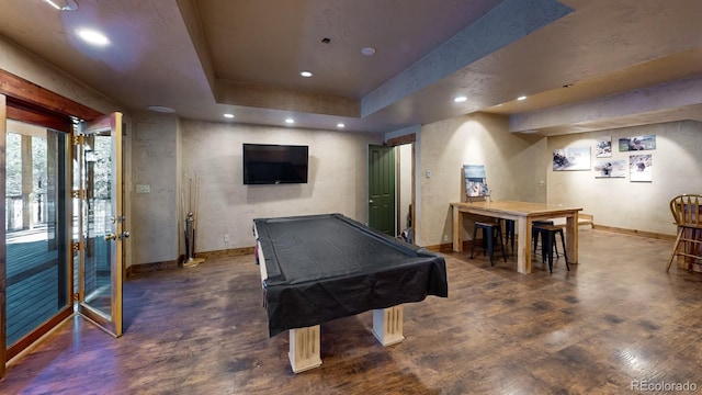 1300 N State Highway 149, Lake City, CO 81235 - game room featuring wood finished floors, billiards, recessed lighting, a tray ceiling, and french doors