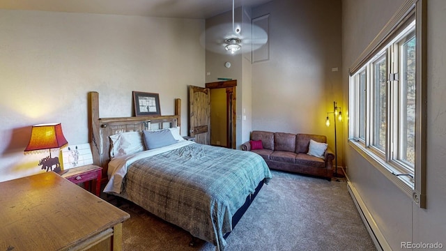 1300 N State Highway 149, Lake City, CO 81235 - carpeted bedroom featuring multiple windows, a baseboard heating unit, and a towering ceiling
