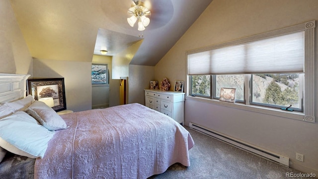 1300 N State Highway 149, Lake City, CO 81235 - bedroom with baseboard heating, lofted ceiling, carpet, and ceiling fan