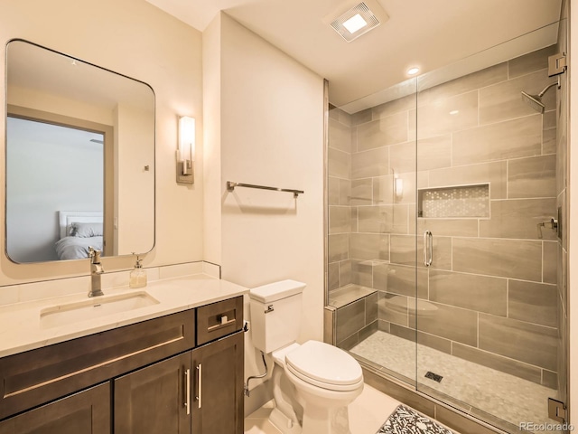 75 W 4th St Unit 205W, Silverthorne, CO 80498 - ensuite bathroom featuring a shower stall, vanity, recessed lighting, and tile patterned floors