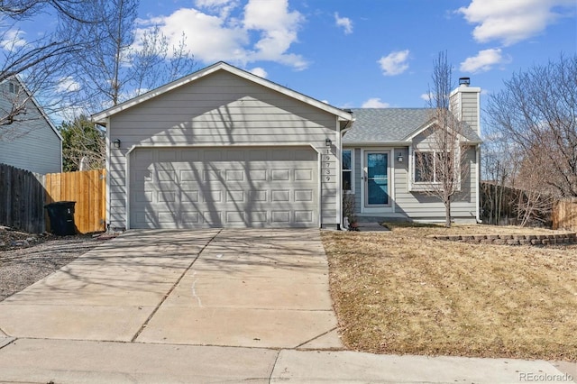 ranch-style house with fence, concrete driveway, roof with shingles, a chimney, and a garage