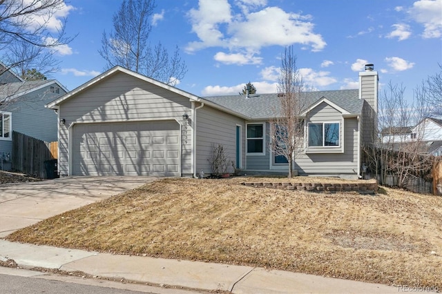 ranch-style house featuring fence, a shingled roof, a chimney, concrete driveway, and a garage