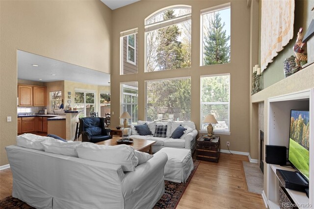 living room featuring a high ceiling, baseboards, and light wood-style flooring