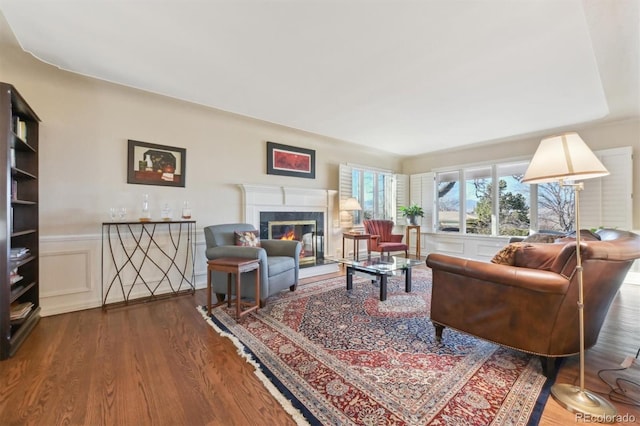 living room with wood-type flooring and a premium fireplace