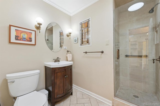 bathroom with toilet, a shower with shower door, crown molding, tile patterned flooring, and vanity