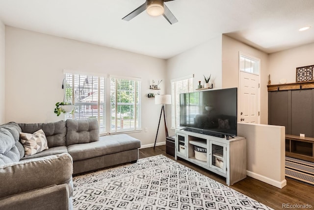 1539 Bennet Mountain Rd, Castle Rock, CO 80109 - living area featuring a ceiling fan, wood finished floors, baseboards, and recessed lighting