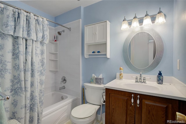 full bathroom with vanity, shower / bath combination with curtain, and toilet