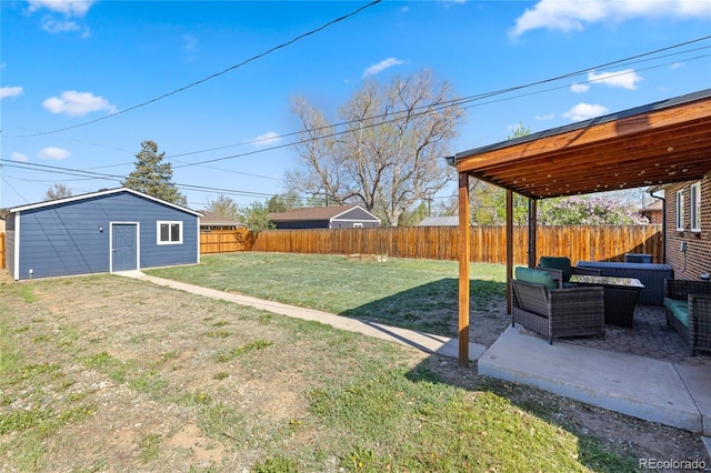 view of yard with an outdoor hangout area, a patio, and an outdoor structure