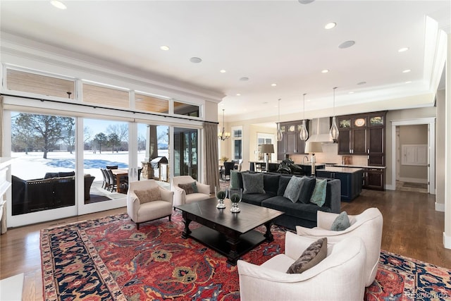 living room with dark hardwood / wood-style flooring