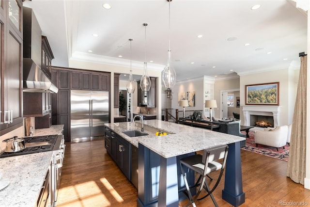 kitchen with dark brown cabinets, premium appliances, sink, pendant lighting, and an island with sink