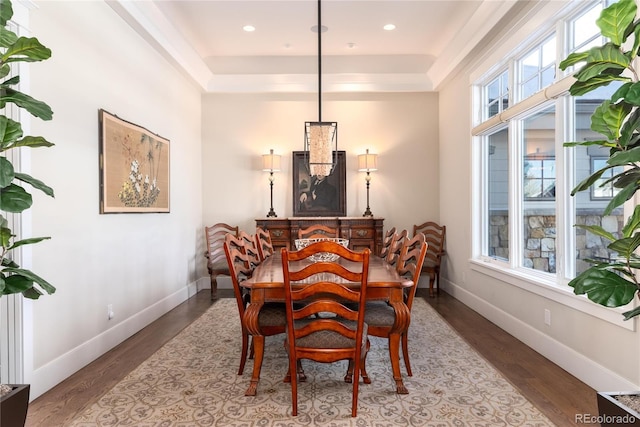 dining area featuring hardwood / wood-style flooring and a tray ceiling