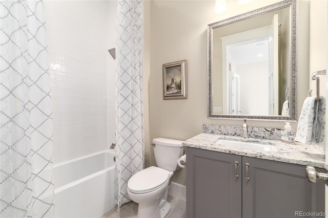 full bathroom with shower / bath combination with curtain, vanity, and toilet