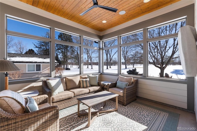 sunroom / solarium featuring ceiling fan and wooden ceiling