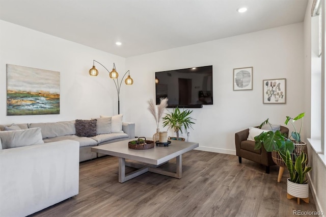 living area with recessed lighting, baseboards, and wood finished floors