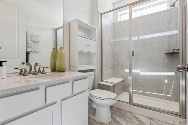 full bathroom featuring toilet, a stall shower, and vanity