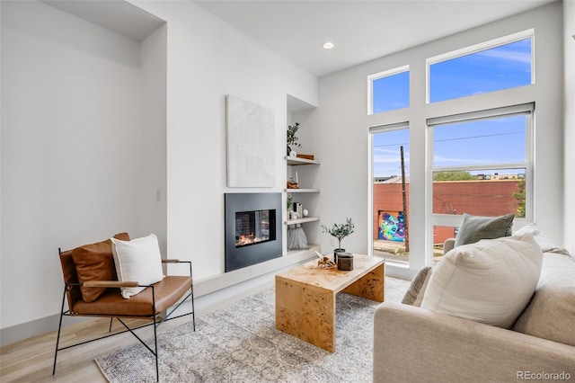 3008 Blake St, Denver, CO 80205 - living room with light wood finished floors, a glass covered fireplace, and recessed lighting