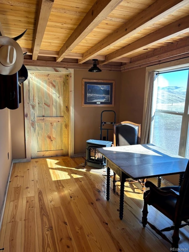 dining room with light hardwood / wood-style floors, wood ceiling, and beam ceiling