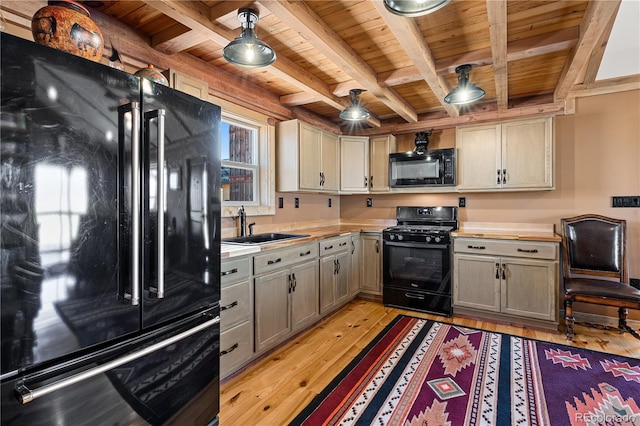 kitchen with light wood-type flooring, black appliances, wood ceiling, and gray cabinetry