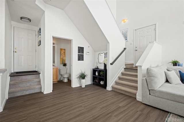 foyer entrance with lofted ceiling and dark hardwood / wood-style flooring