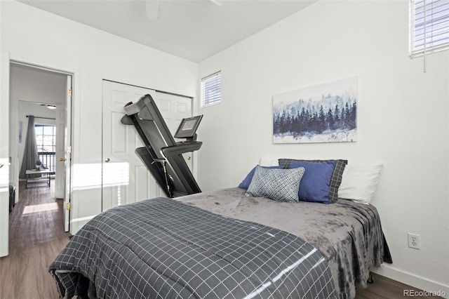 bedroom featuring dark hardwood / wood-style floors and a closet