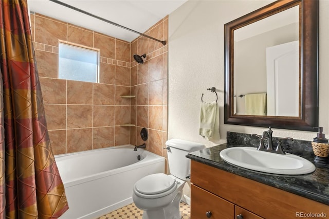 bathroom with toilet, vanity, and shower / bathtub combination with curtain