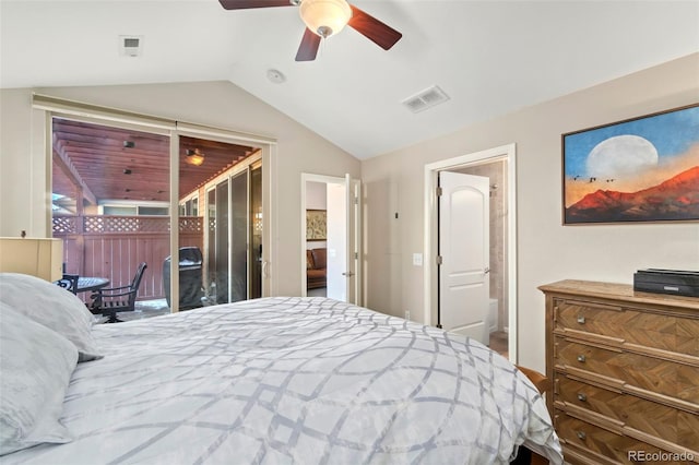 bedroom featuring access to exterior, lofted ceiling, visible vents, ceiling fan, and connected bathroom