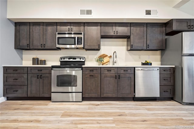 kitchen featuring appliances with stainless steel finishes, dark brown cabinets, sink, and light wood-type flooring